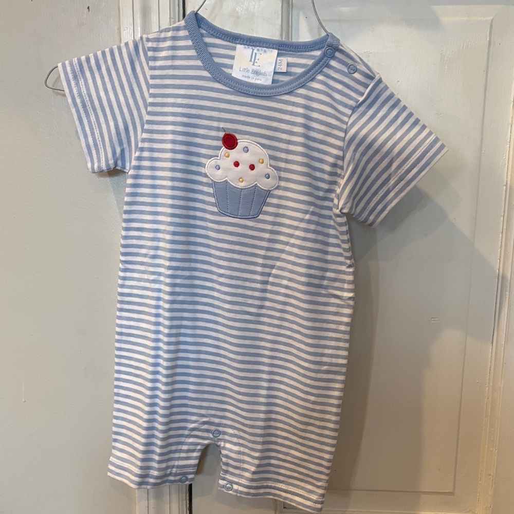 Little English Blue and White Striped Romper with Cupcake Appliqué